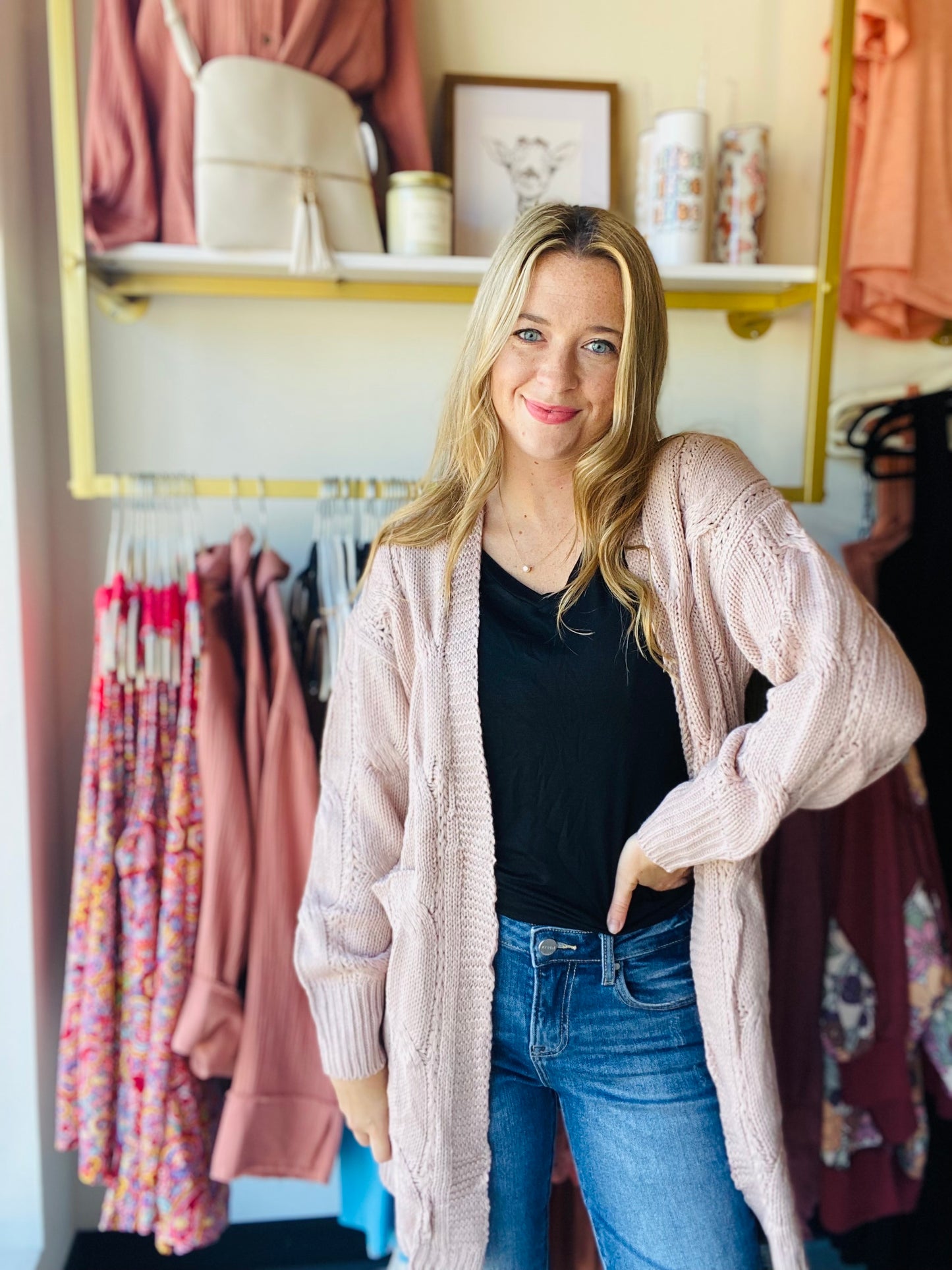 Apricot Ribbed Eyelet Cardi