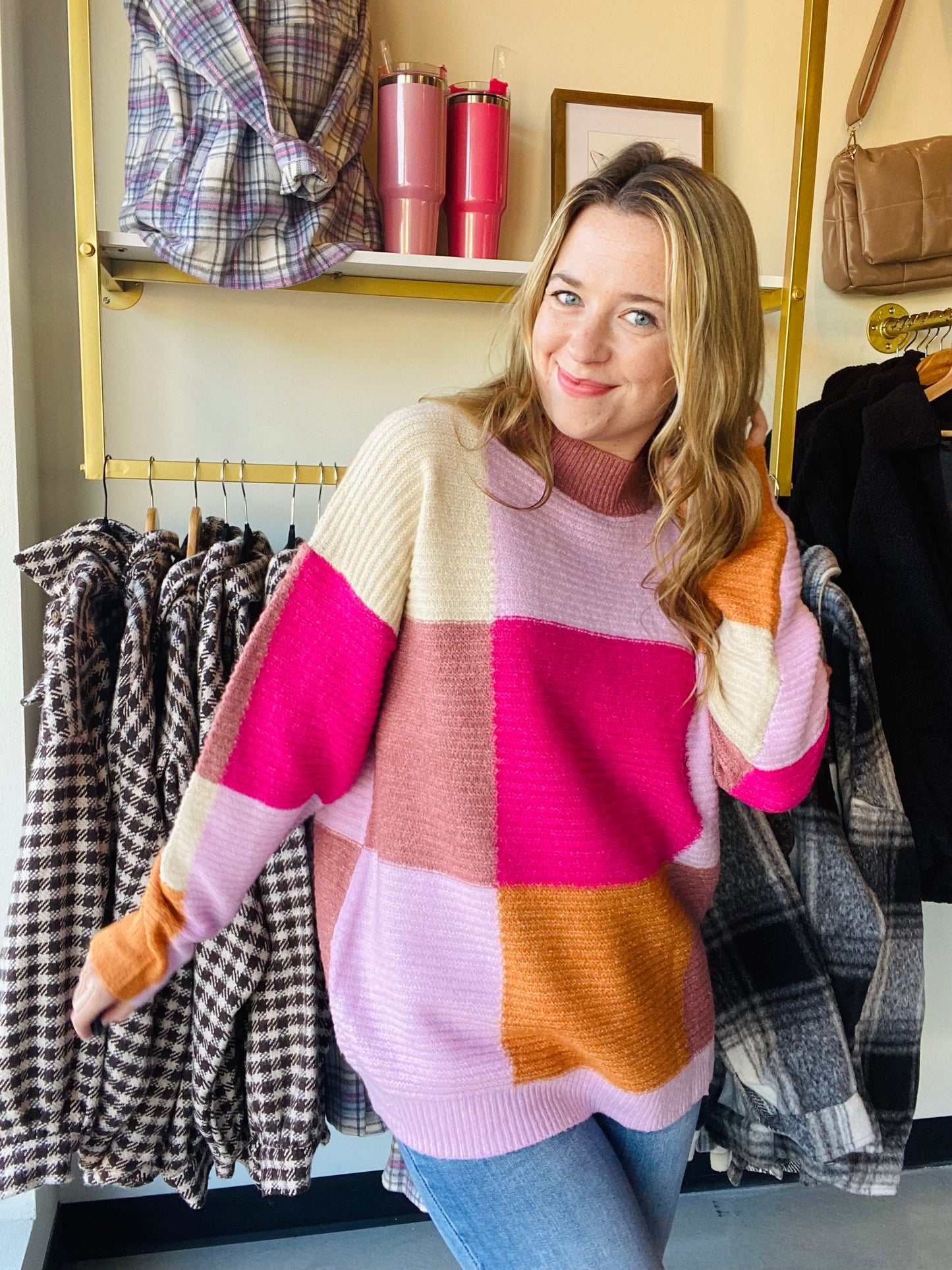 Fuchsia Block Mock Neck Sweater