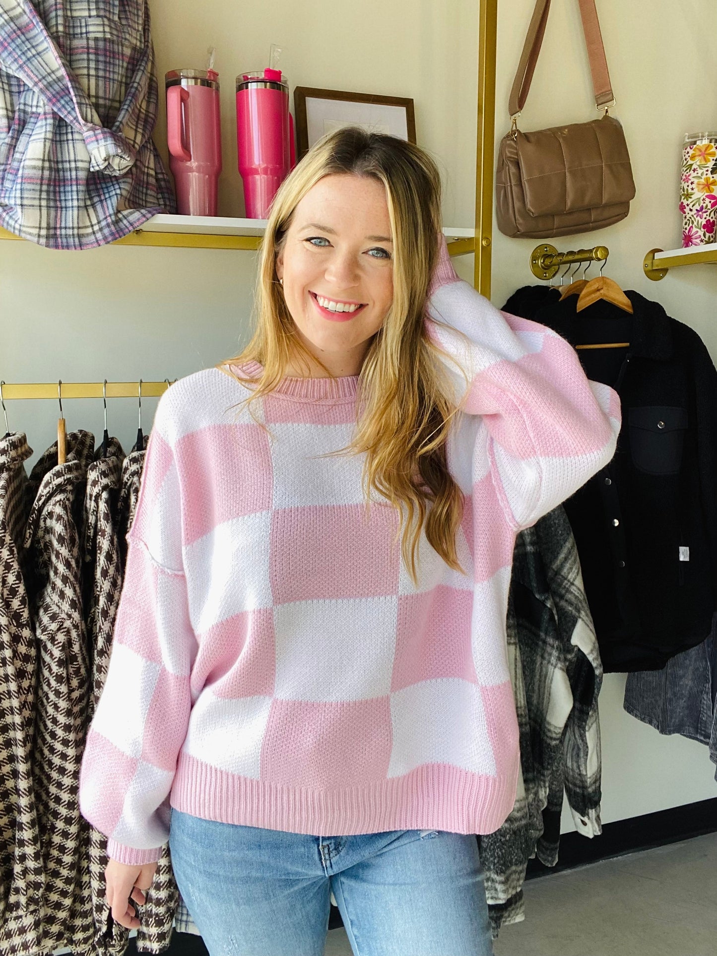 Pink Checkered Bishop Sweater