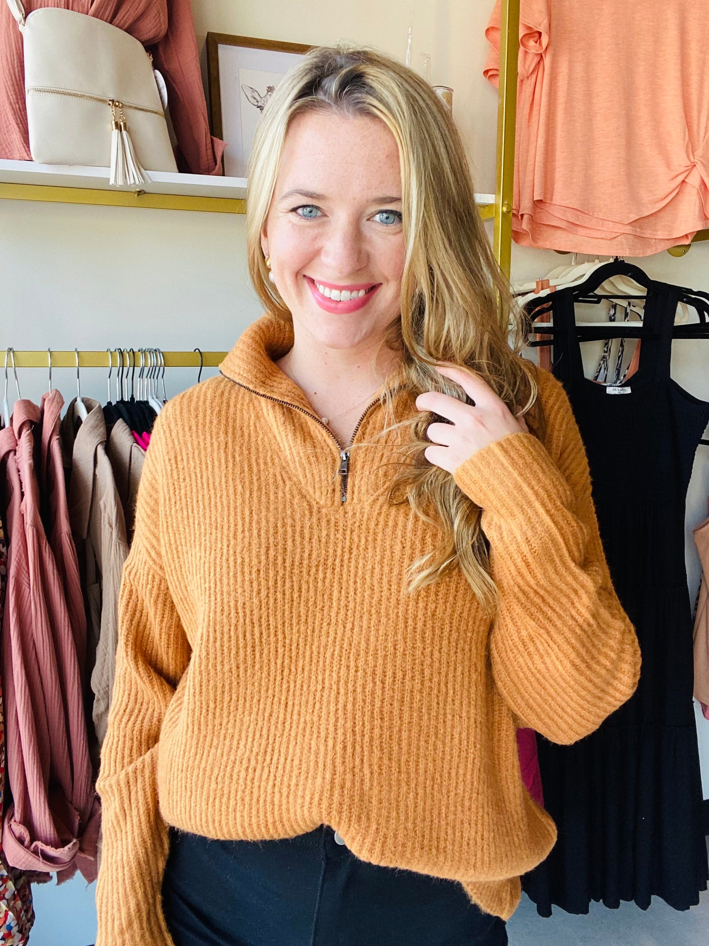 Brown Quarter Zip Knitted Sweater