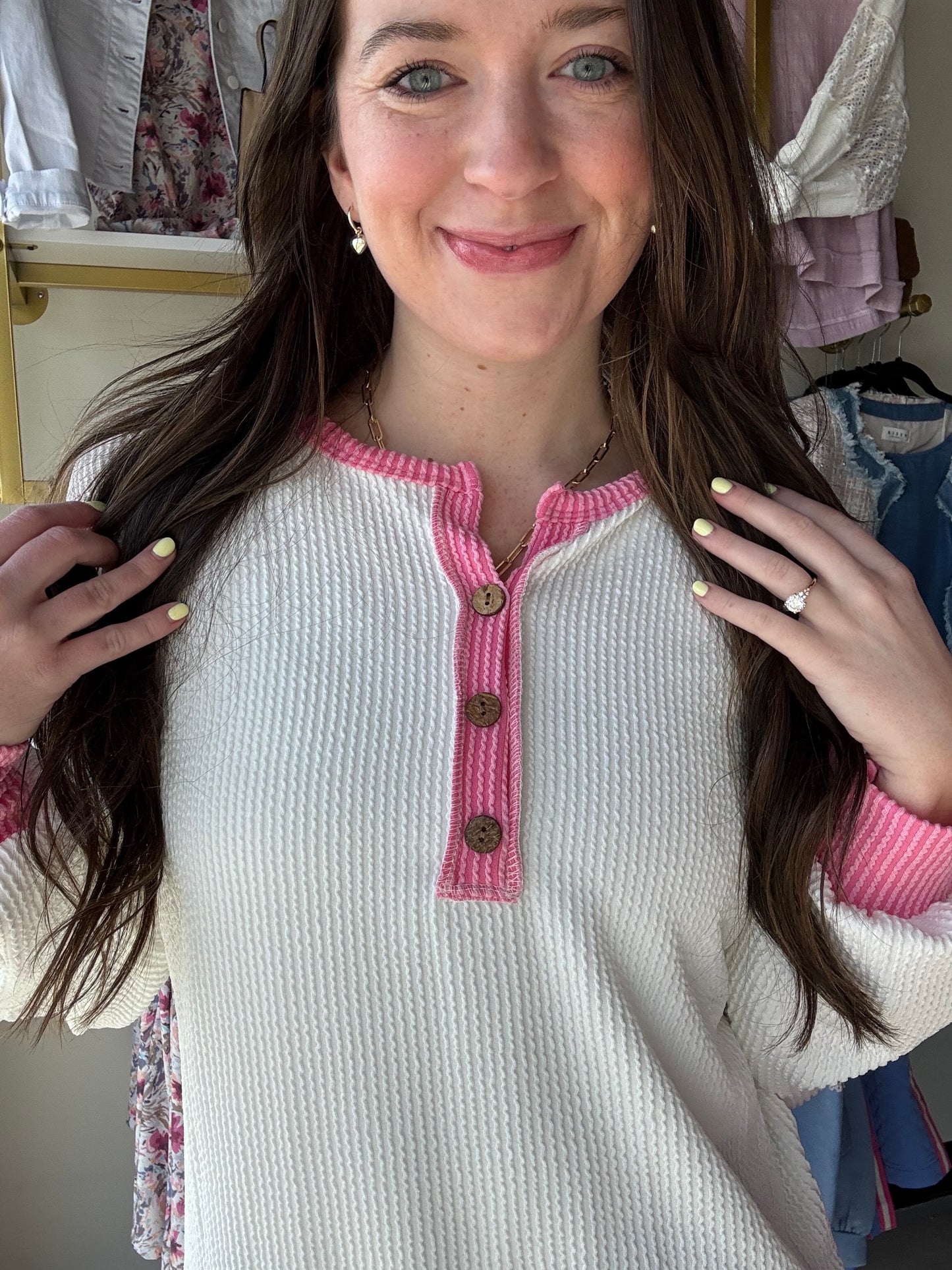 Pink Trim Button Top