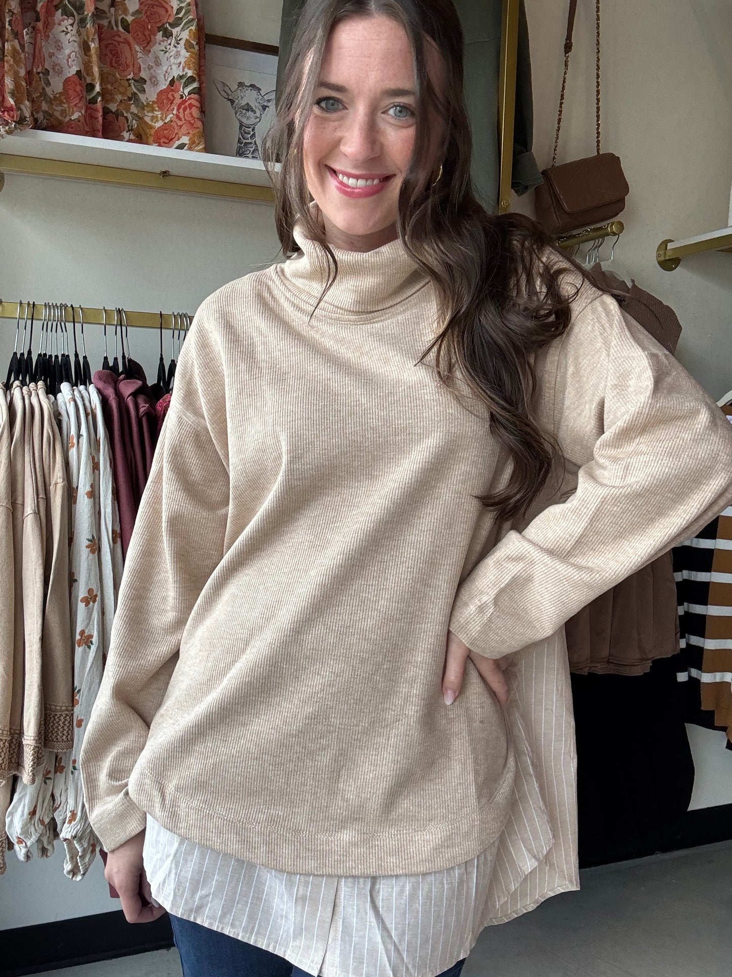 Latte Button Down Detail Turtleneck