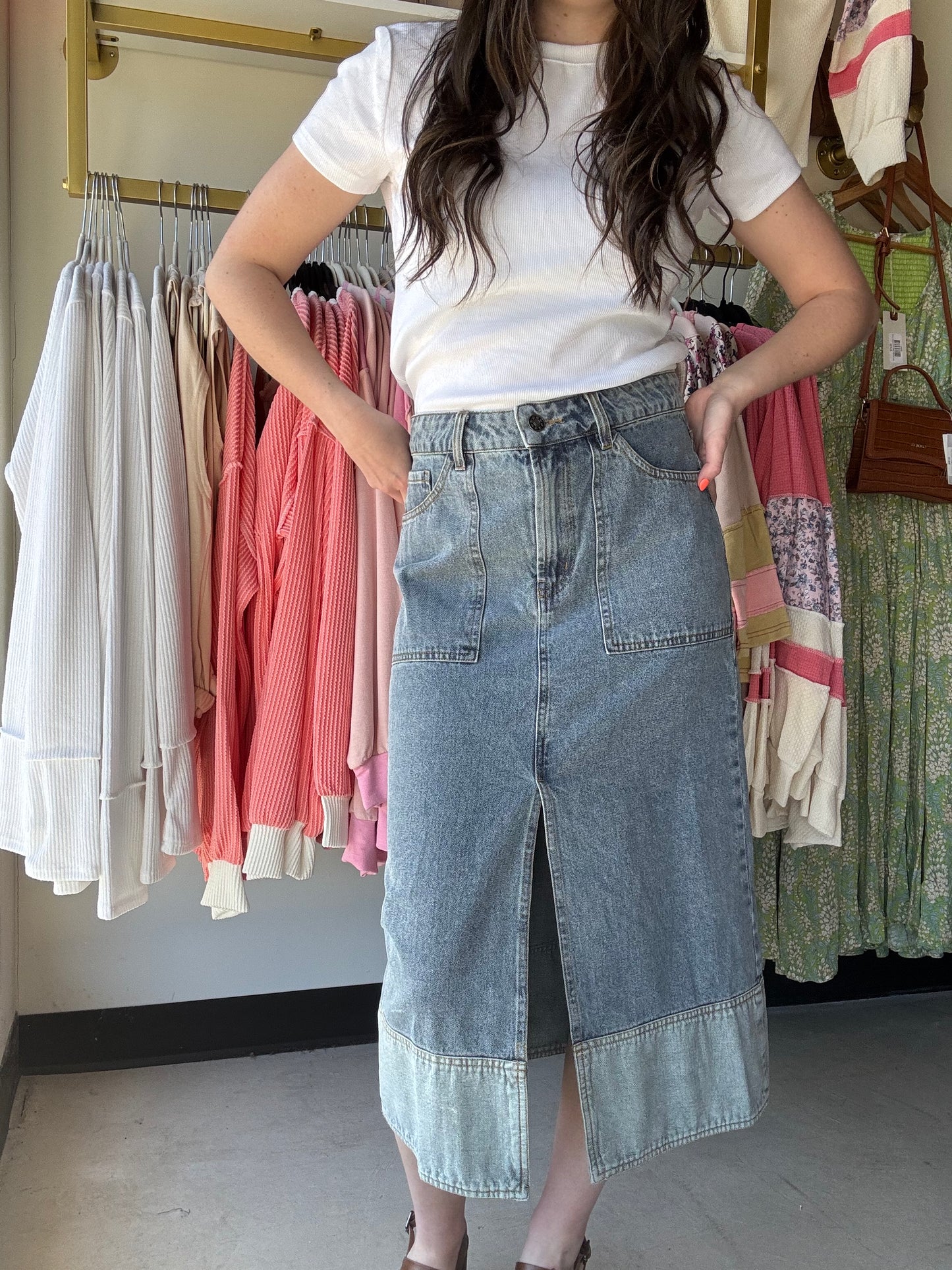 Midi Denim Front Slit Skirt