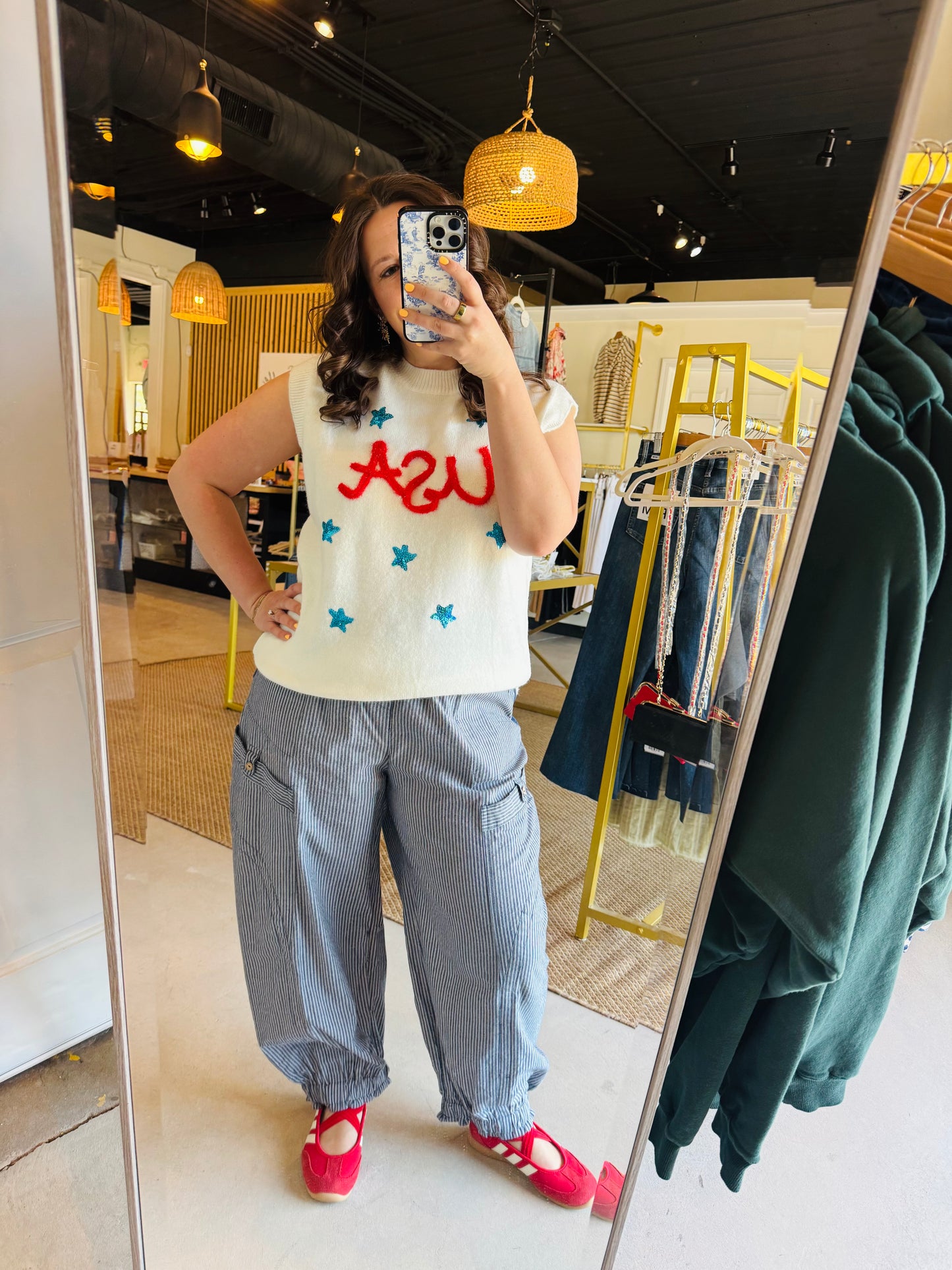 Navy Stripe Drawstring Parachute Pants