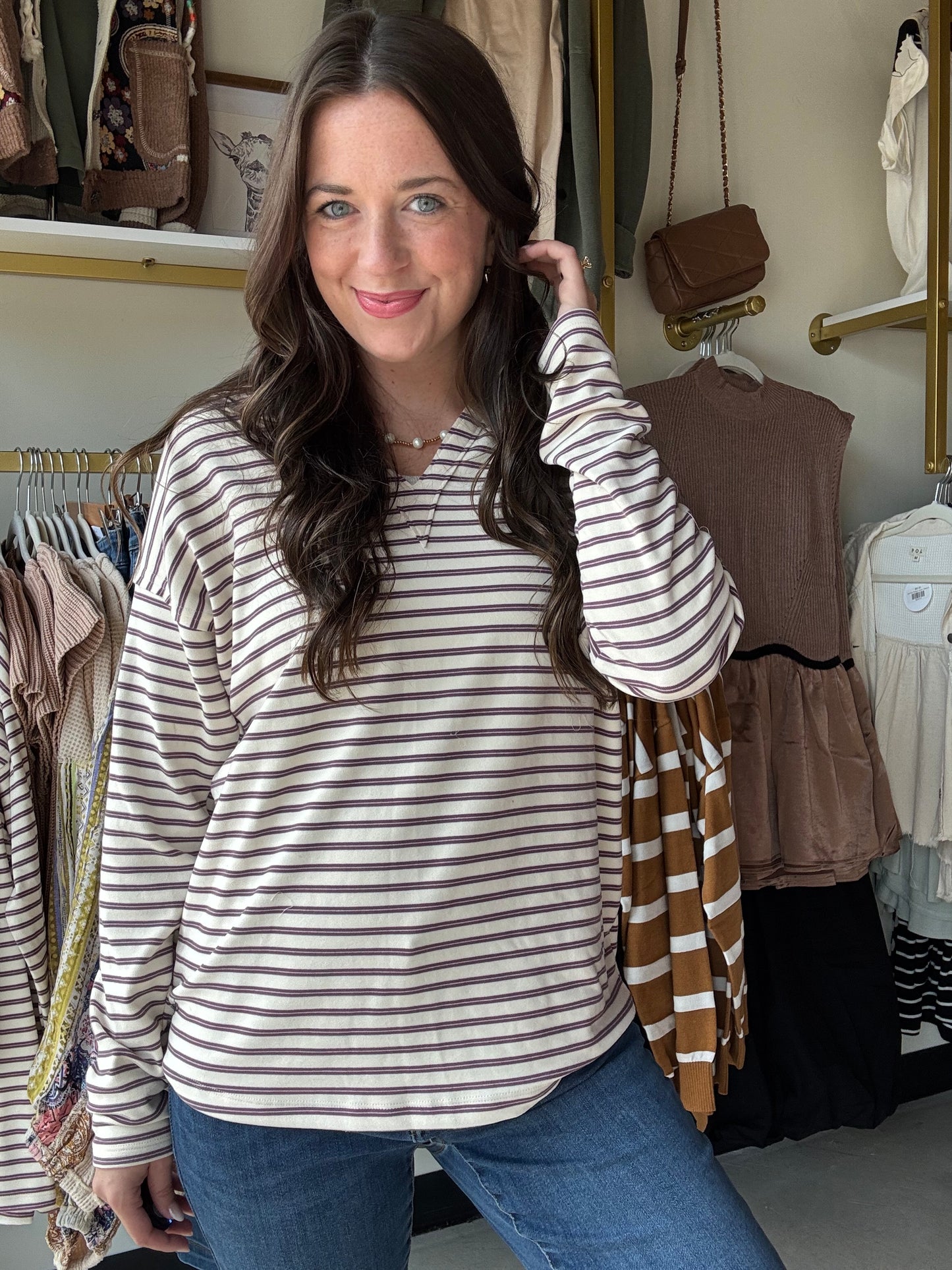 Plum Stripe V Neck Top