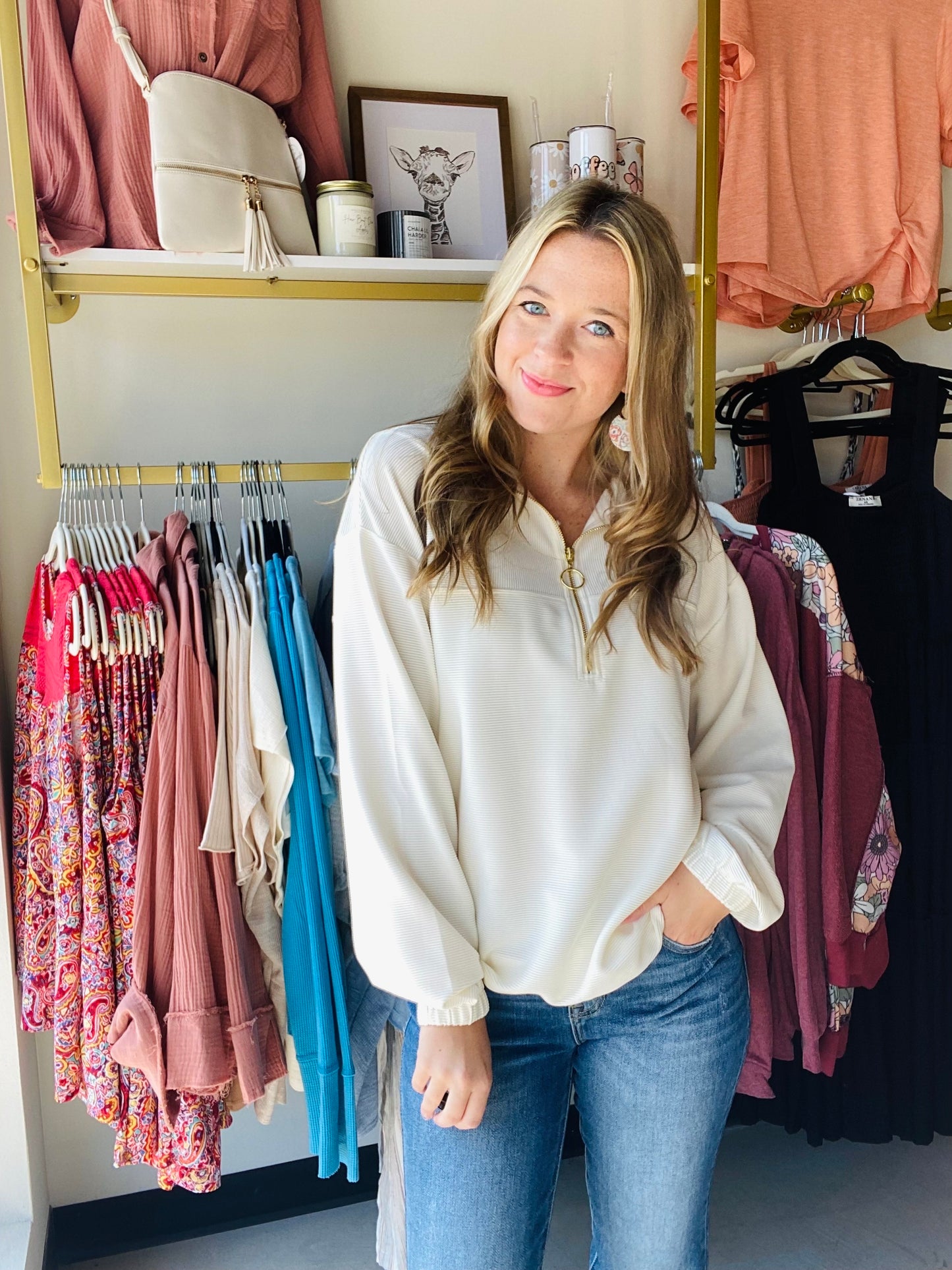 Levi Ivory Ribbed Quarter Zip
