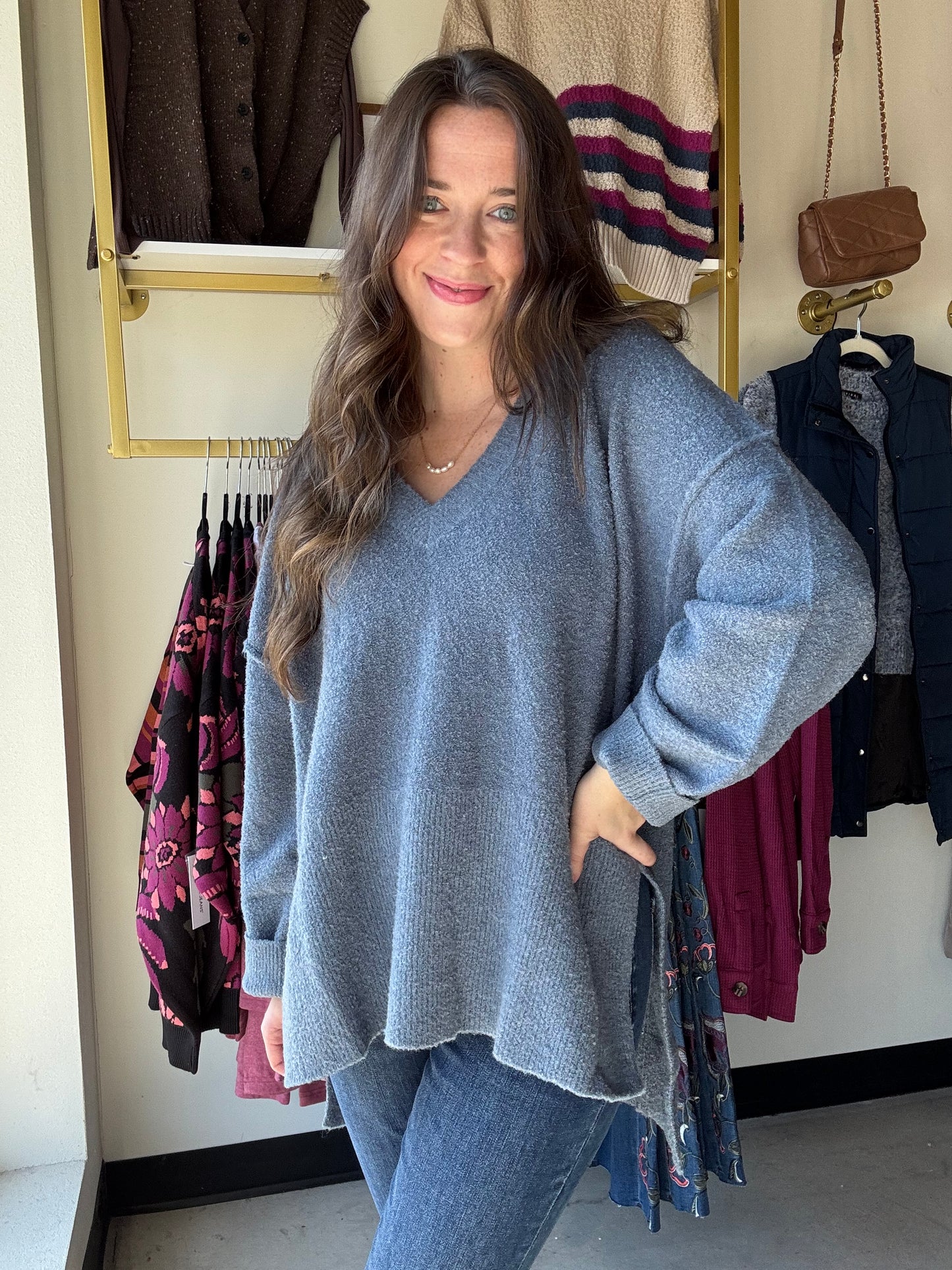 Denim Slouchy V Neck Sweater