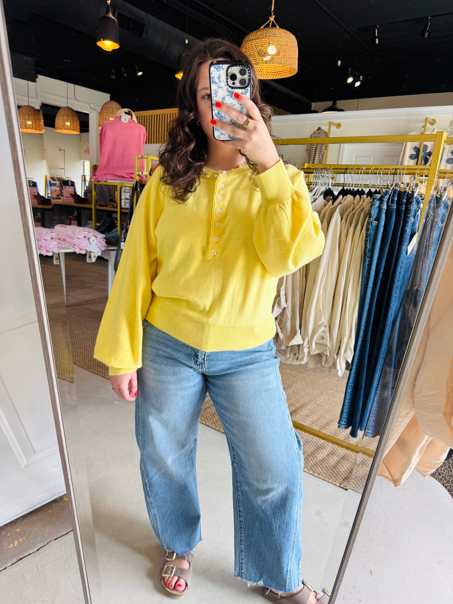 Yellow Button Henley Sweater Pullover