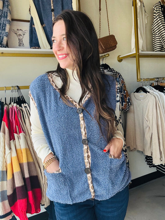 Blue Leopard Trim Sherpa Vest