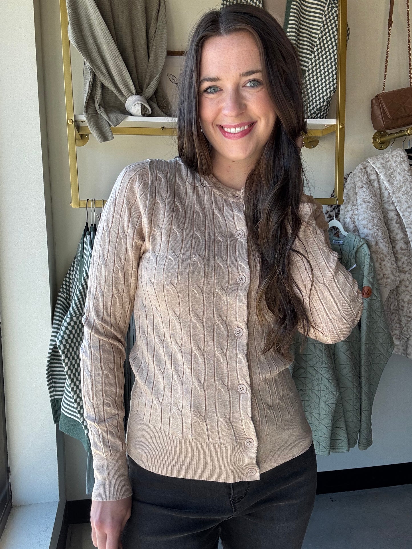 Khaki Button Up Cable Knit Cardigan