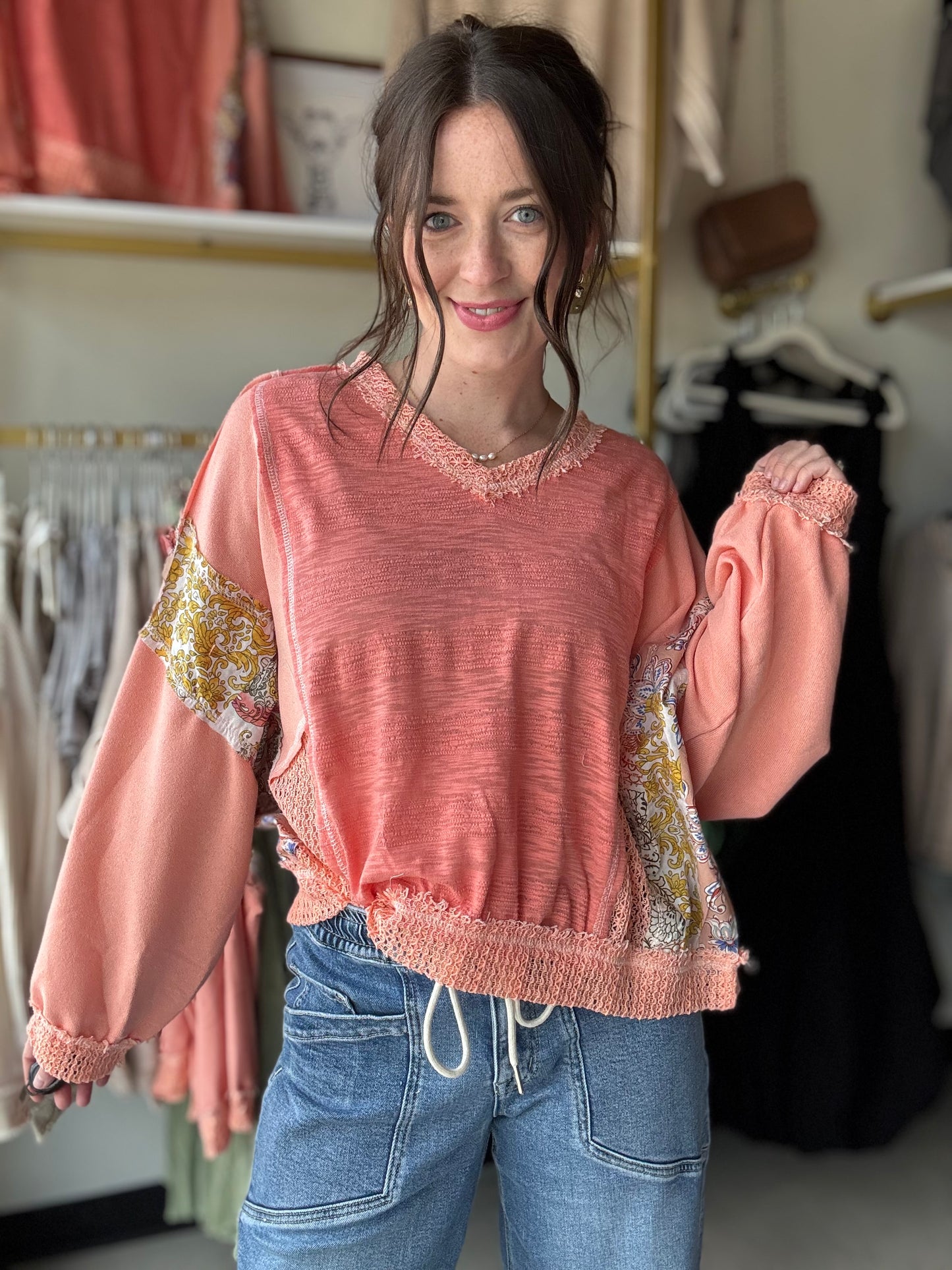 Coral Floral Contrast Top