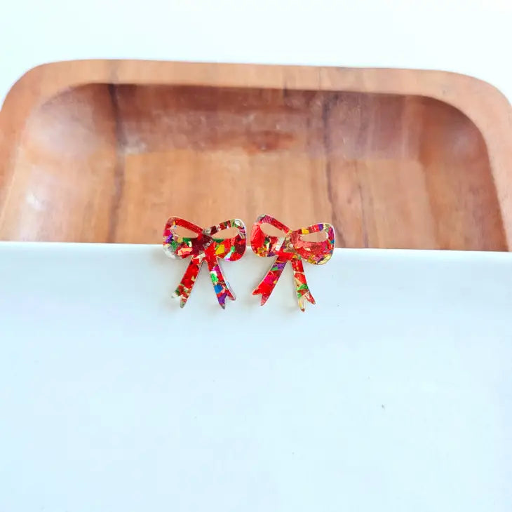 Red Sparkle Bow Studs