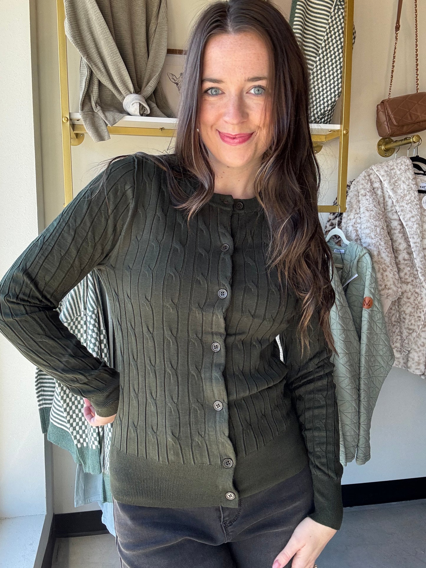 Olive Button Up Cable Knit Cardigan