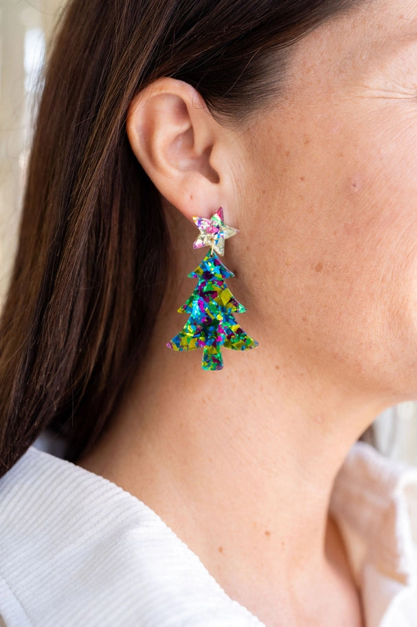 Green Sparkle Christmas Tree Earrings