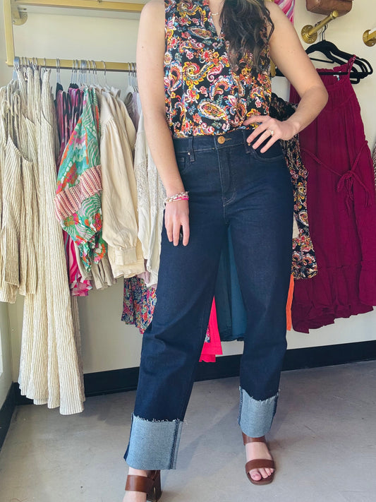 Kut From the Kloth
Oversized cuffs make a statement on these loose-fitting, ankle-grazing straight-leg jeans cut from premium denim with our fab ab front pockets that smooth and add comfort. 
Fabric: 94% Cotton, 5% Polyester, 1% Spandex
Size & Fit: Inseam After Roll Up: 28", Inseam Before Roll Up: 33", Leg Opening: 16", Rise: 11", Silhouette: Straight Leg
Color:  KINDLED W/EURO BASE WASH