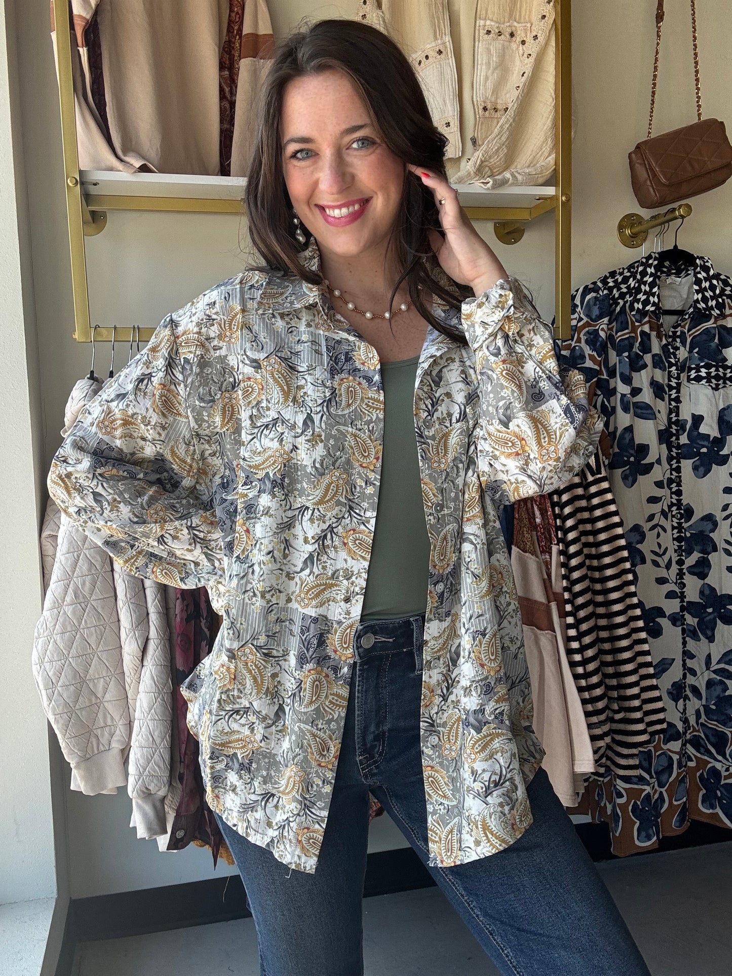 Grey Multi Pattern Button Up