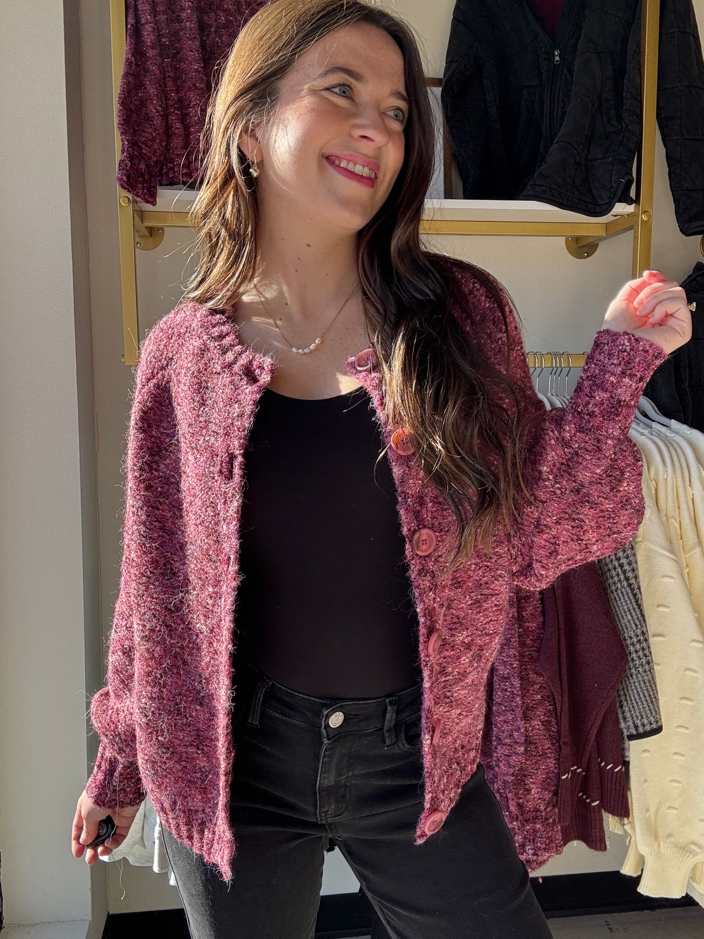 Roseberry Raglan Sleeve Button Sweater