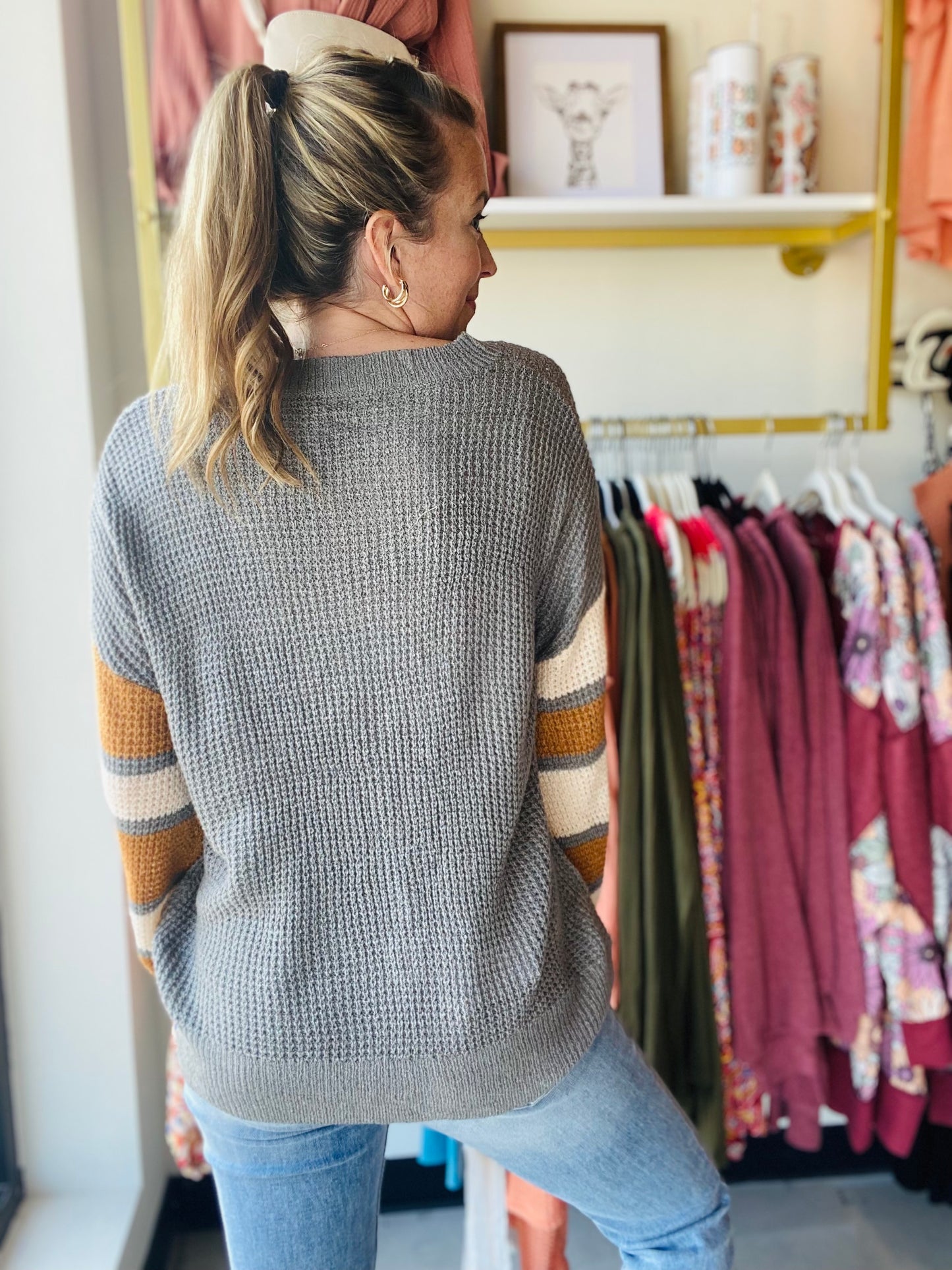 Grey and Mustard Raglan Sleeve Sweater