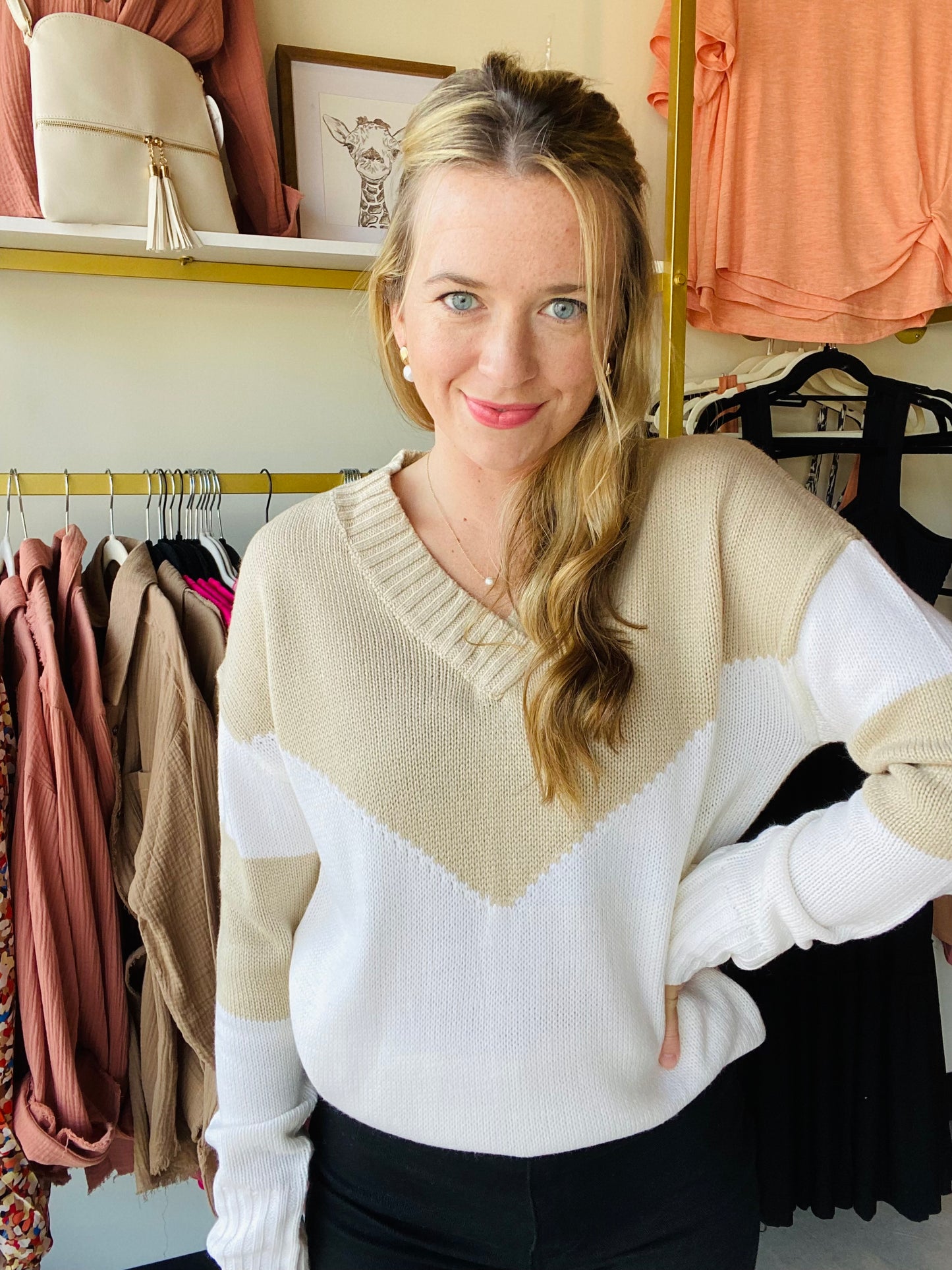 Khaki V Neck Block Sweater