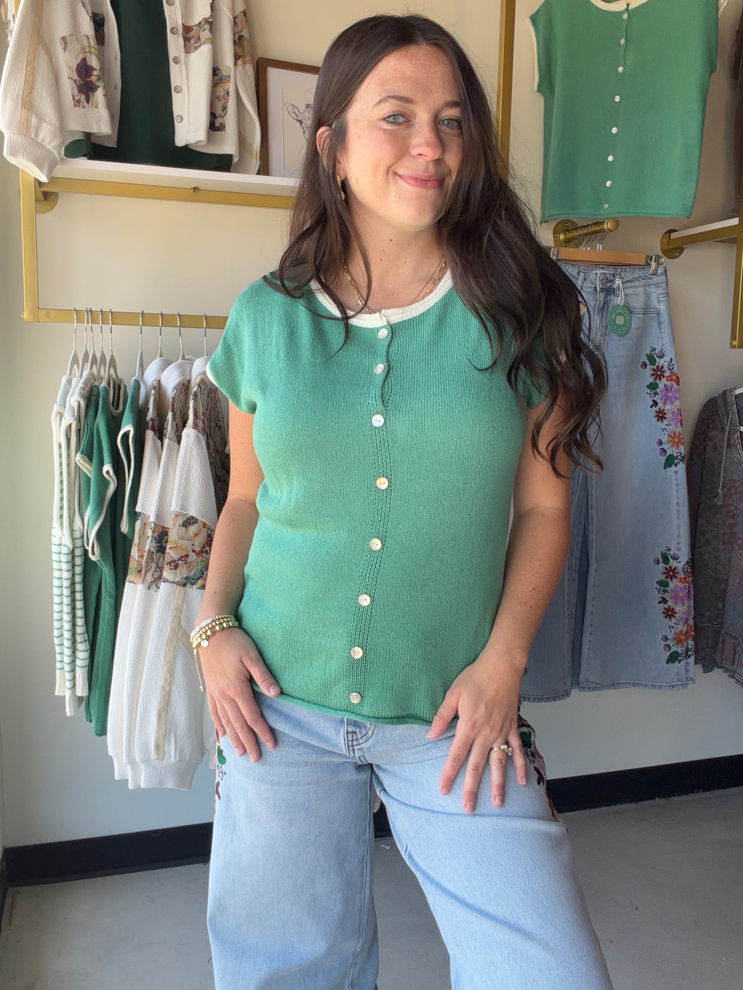 Green Button Short Sleeve Sweater