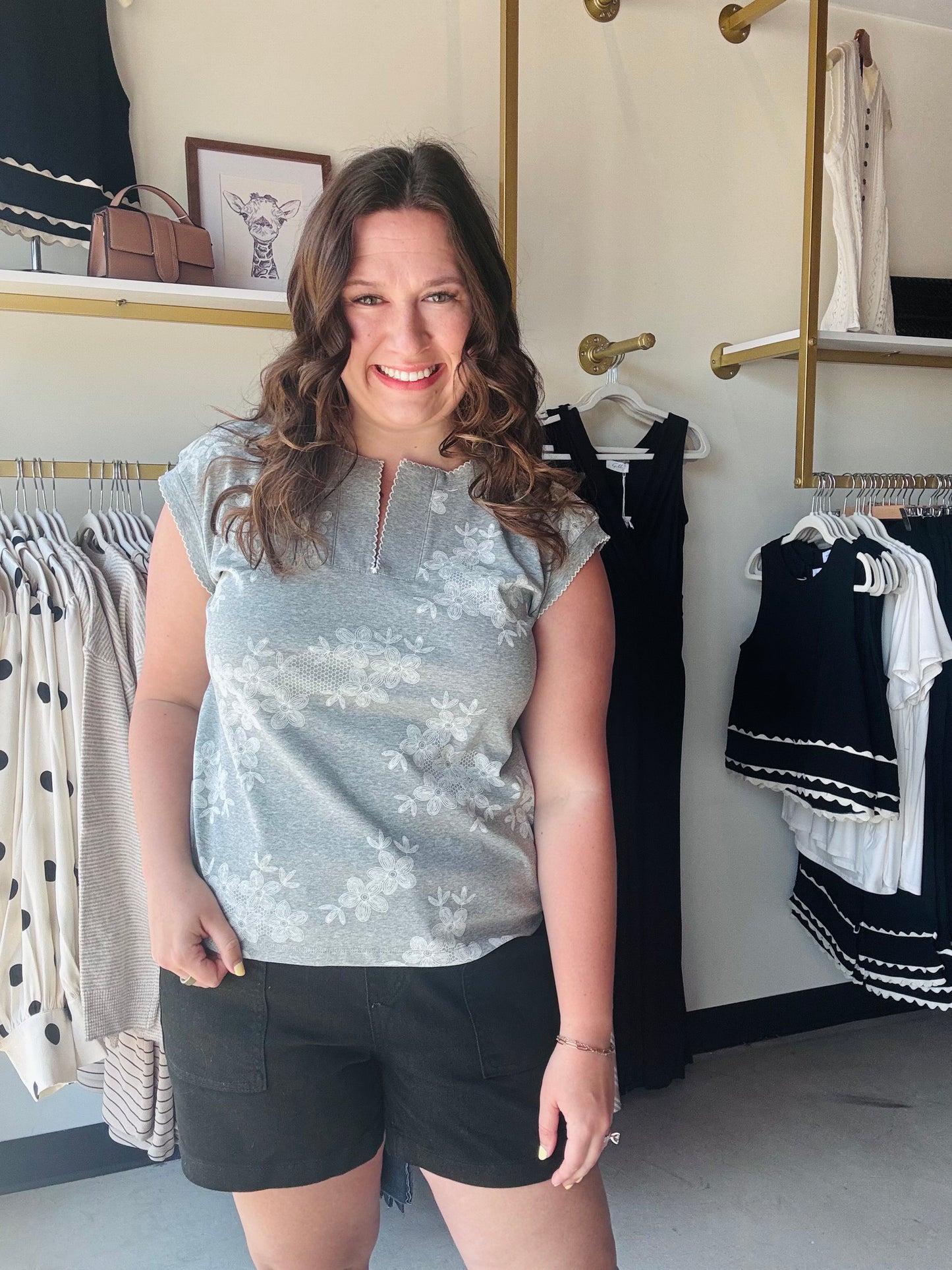 Grey Pico Stitch Cap Sleeve Top