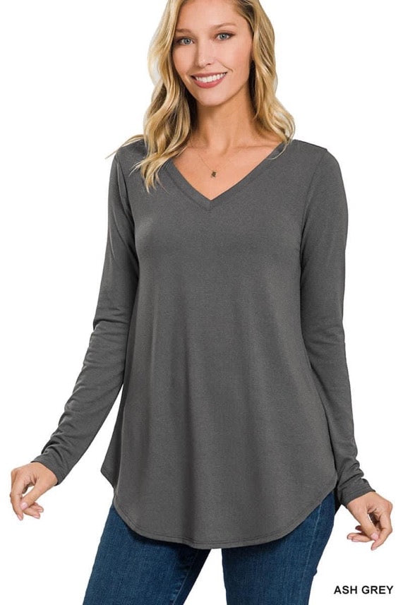 Ash Grey V Neck Long Sleeve