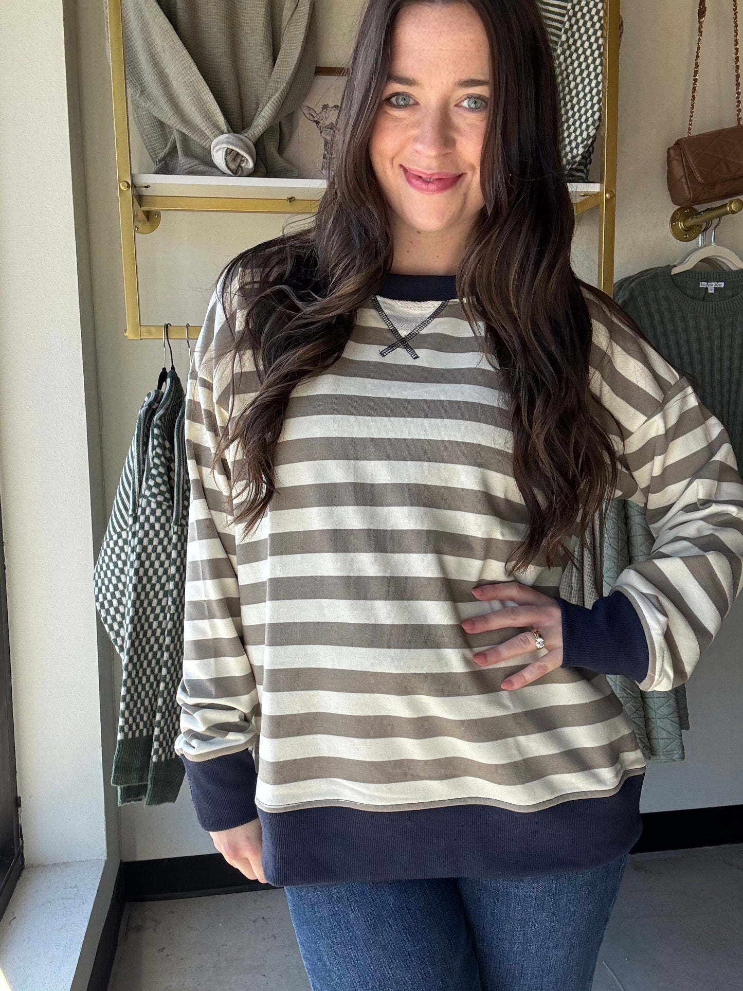 Olive & Navy Striped Pullover