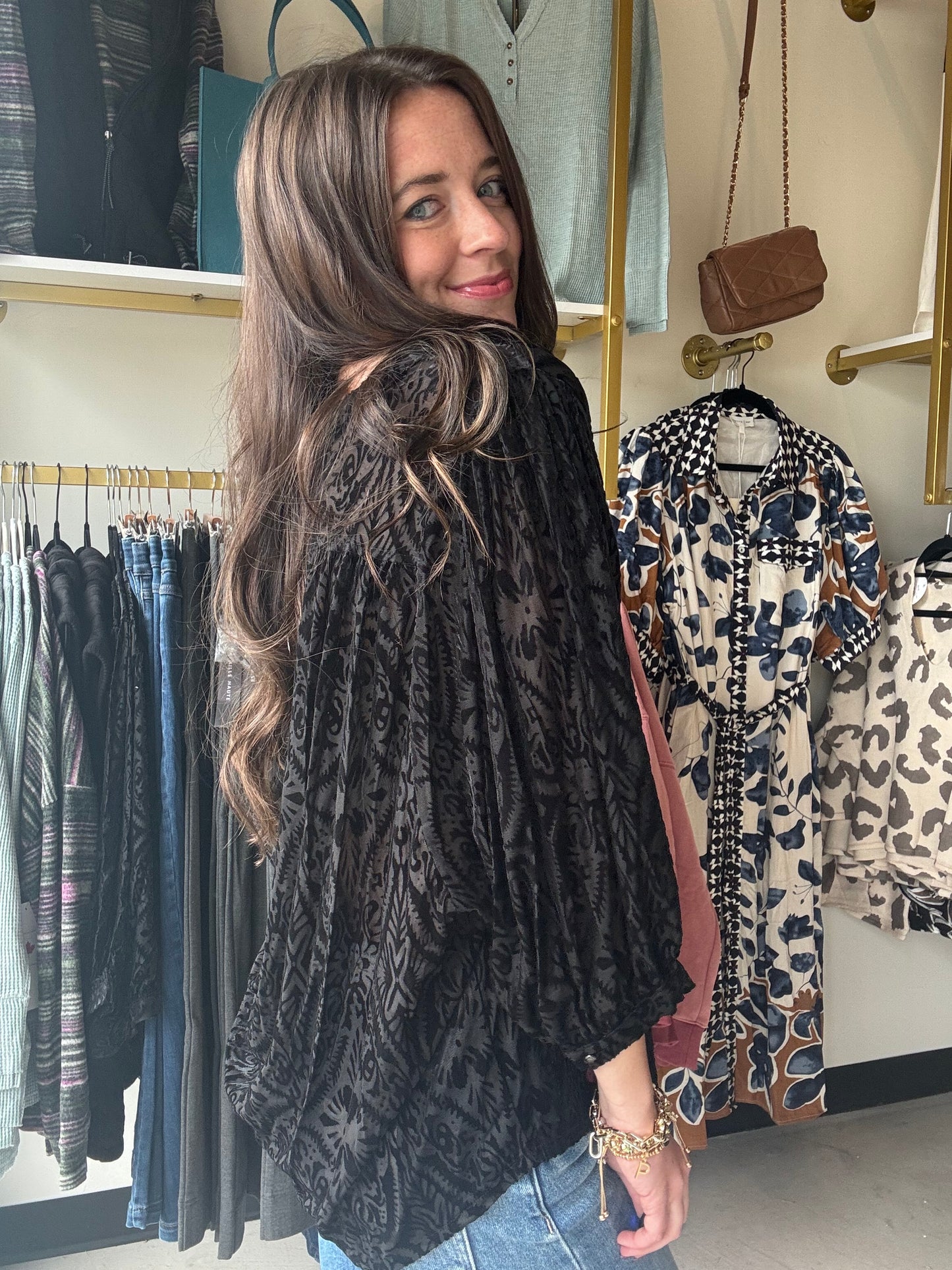 Black Burnout Button Top