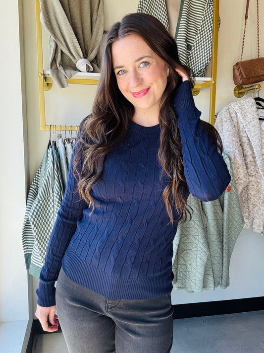 Navy Cable Knit Crewneck