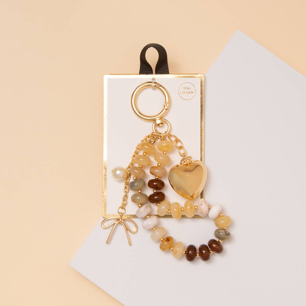 Heart Charm Beaded Bag Charm Keychain with Pearl and Bow
