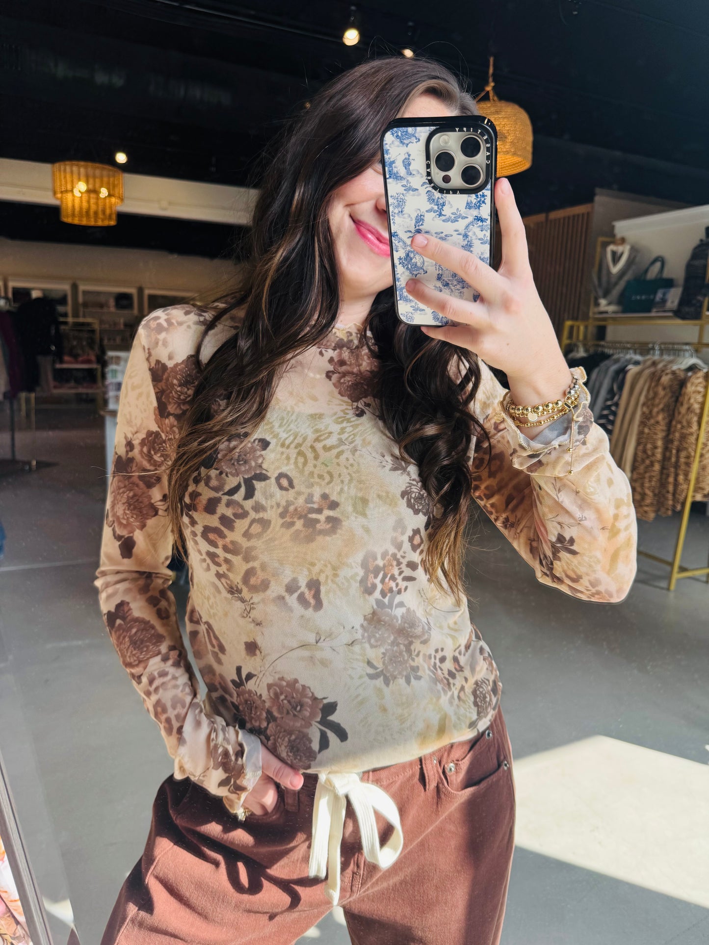 Animal Print Floral Mesh Top
