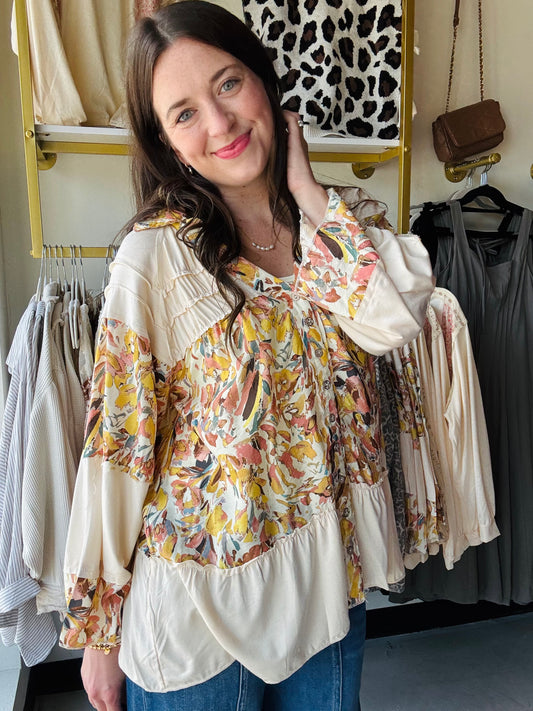 Cream Raglan Shirring Top