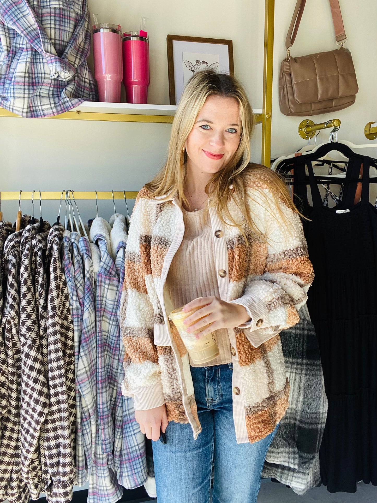 Brown Plaid Pocketed Teddy Jacket