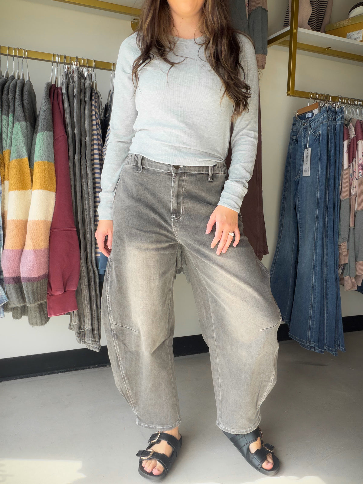 Black Denim Barrel Pants