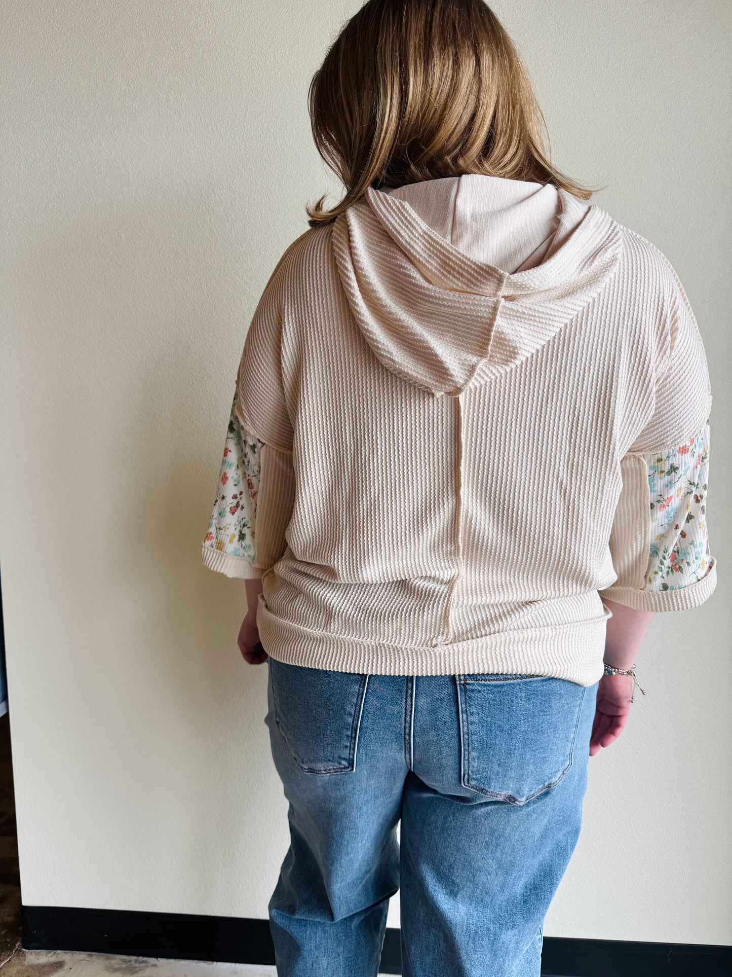 Oatmeal Half Sleeve Patchwork Hoodie