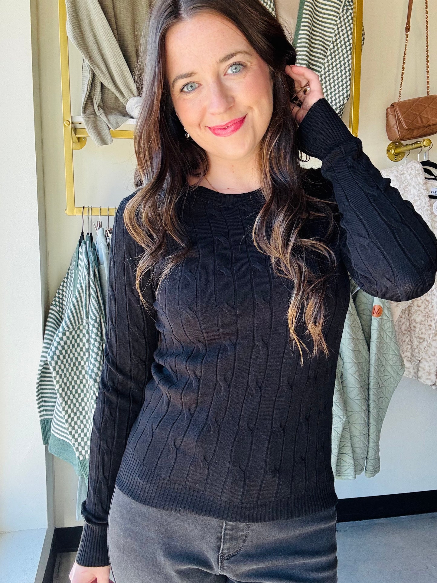 Black Cable Knit Crewneck