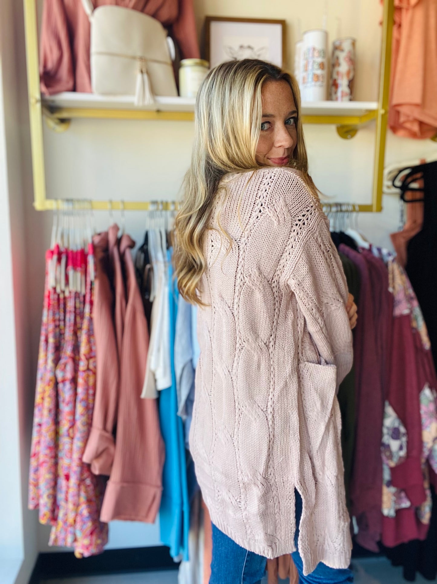 Apricot Ribbed Eyelet Cardi