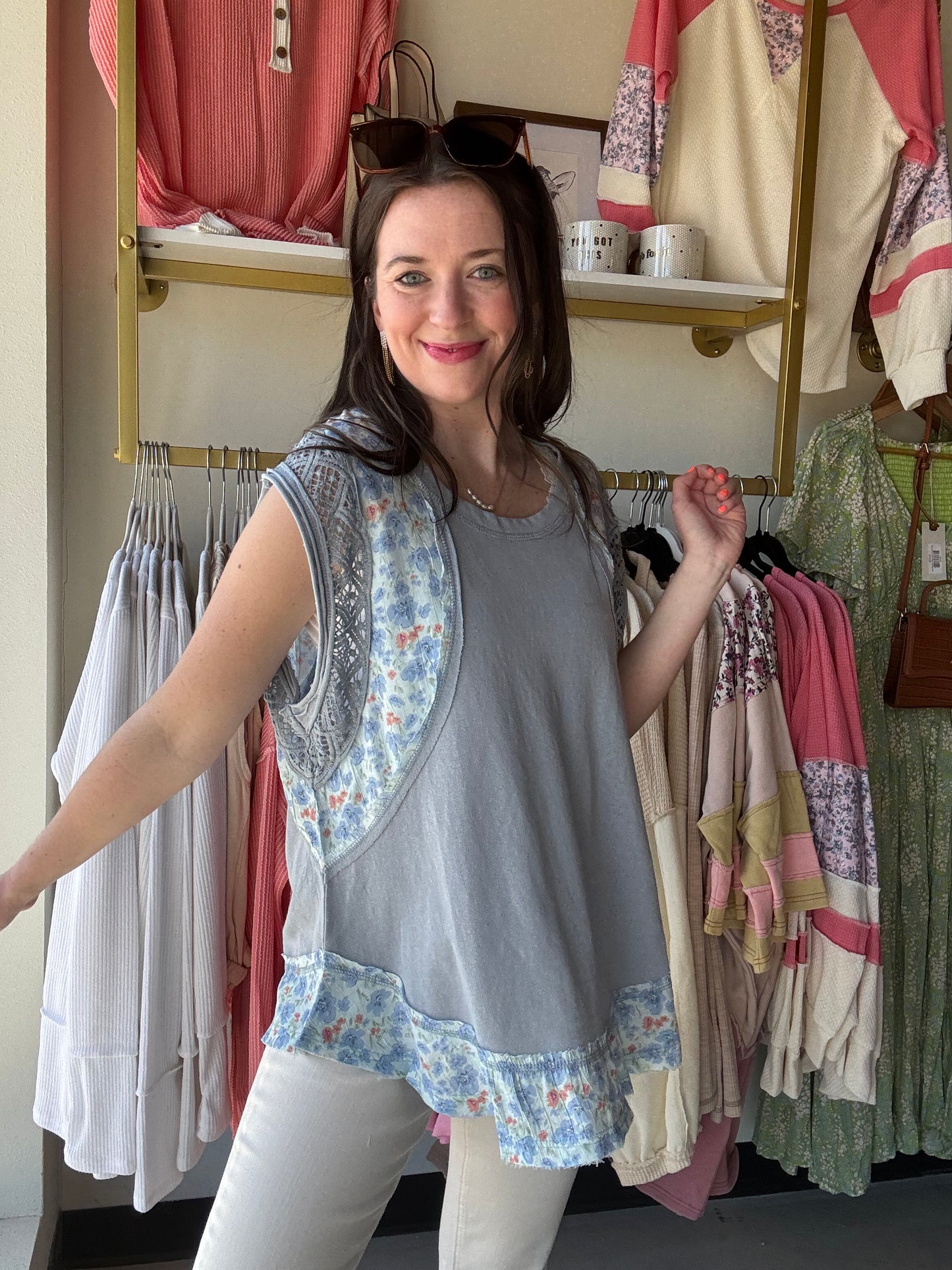 Lace Trim Pointed Floral Top