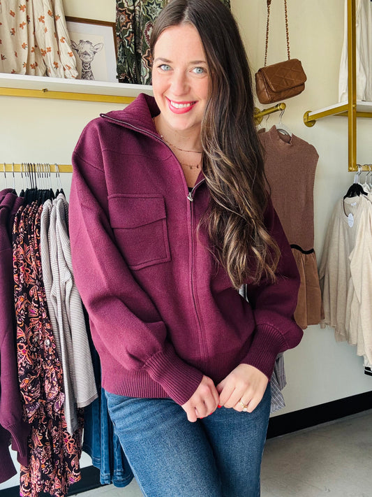 Plum Front Pocket Sweater Jacket