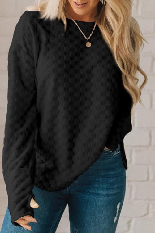 Black Solid Textured Thumbhole Sleeve Top- Preorder