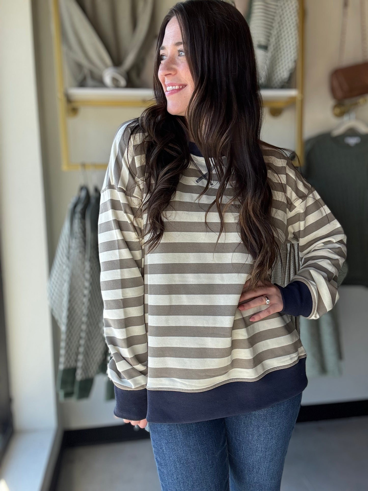 Olive & Navy Striped Pullover