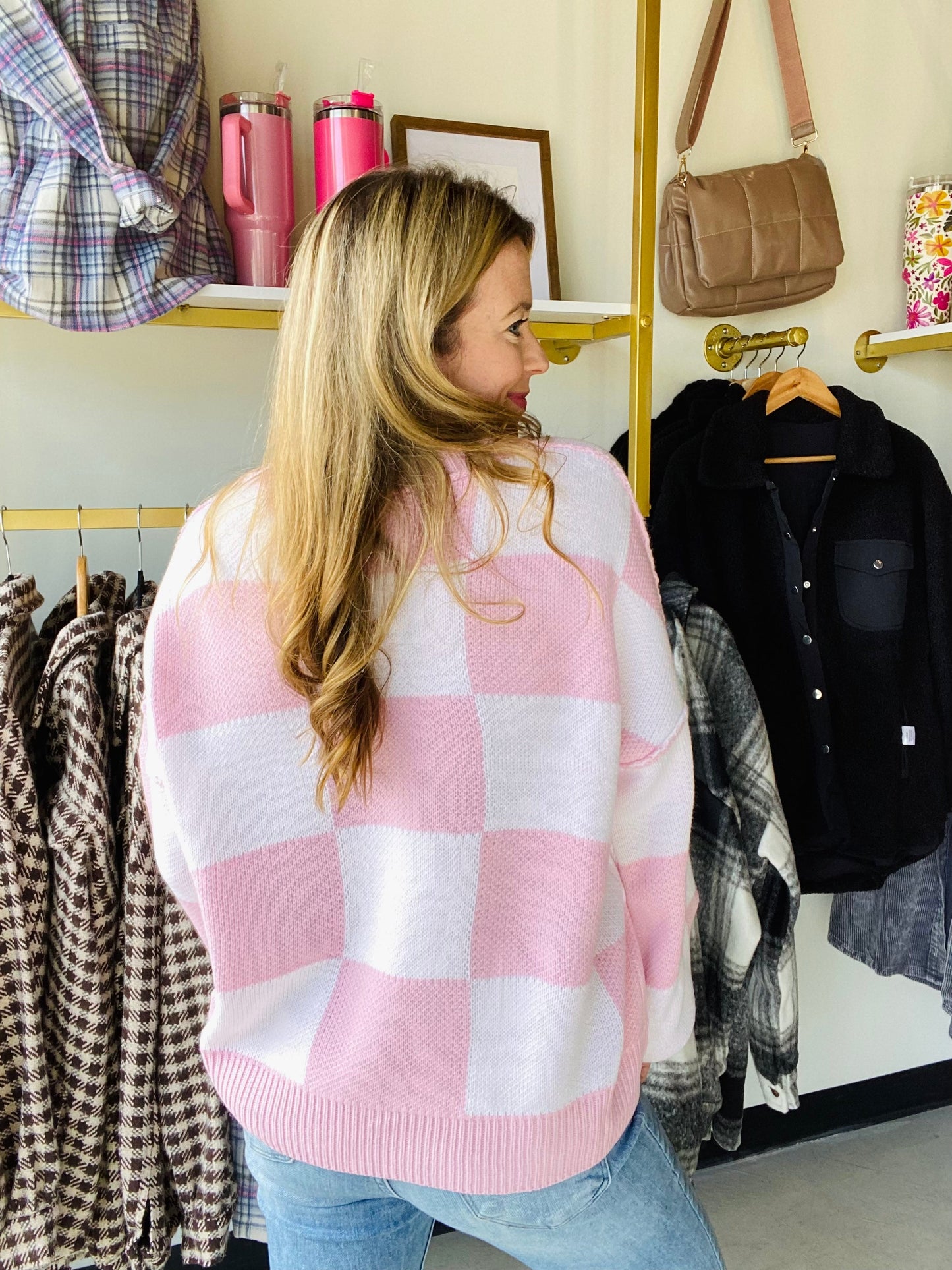 Pink Checkered Bishop Sweater