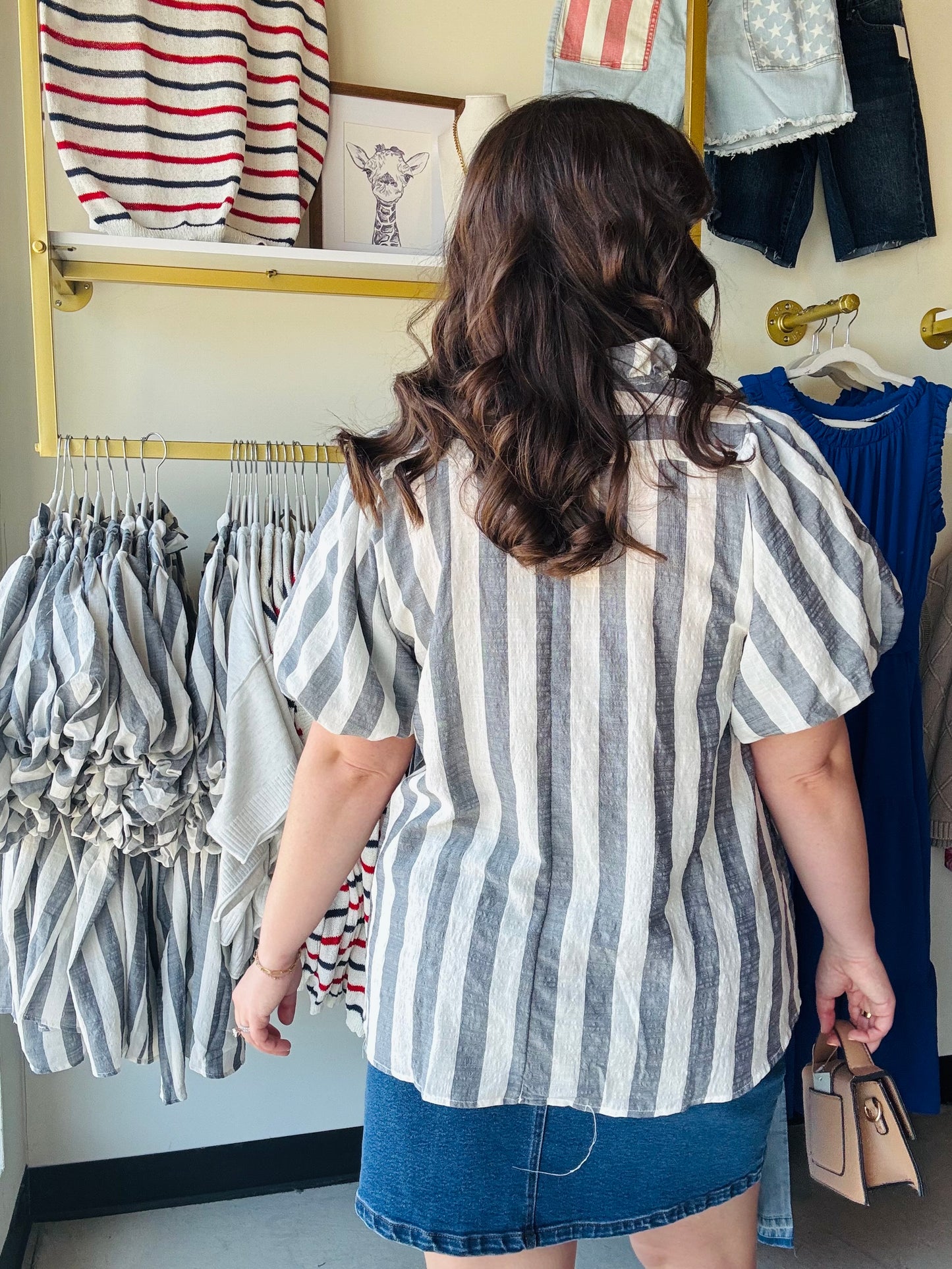 Navy Stripe Bubble Sleeve Blouse