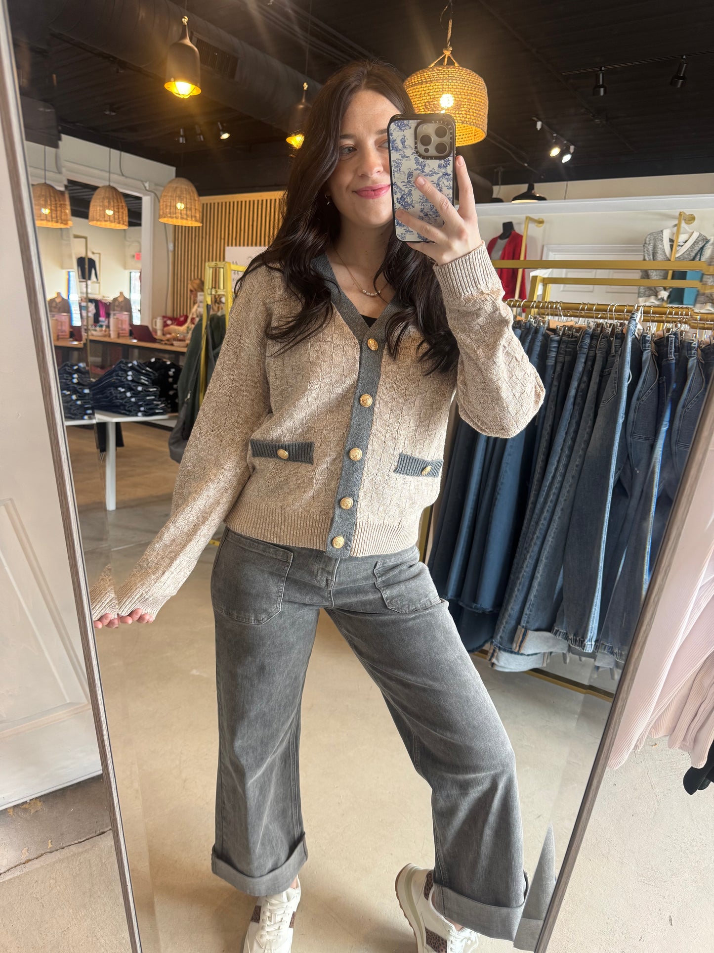 Contrast Band Button Up Sweater