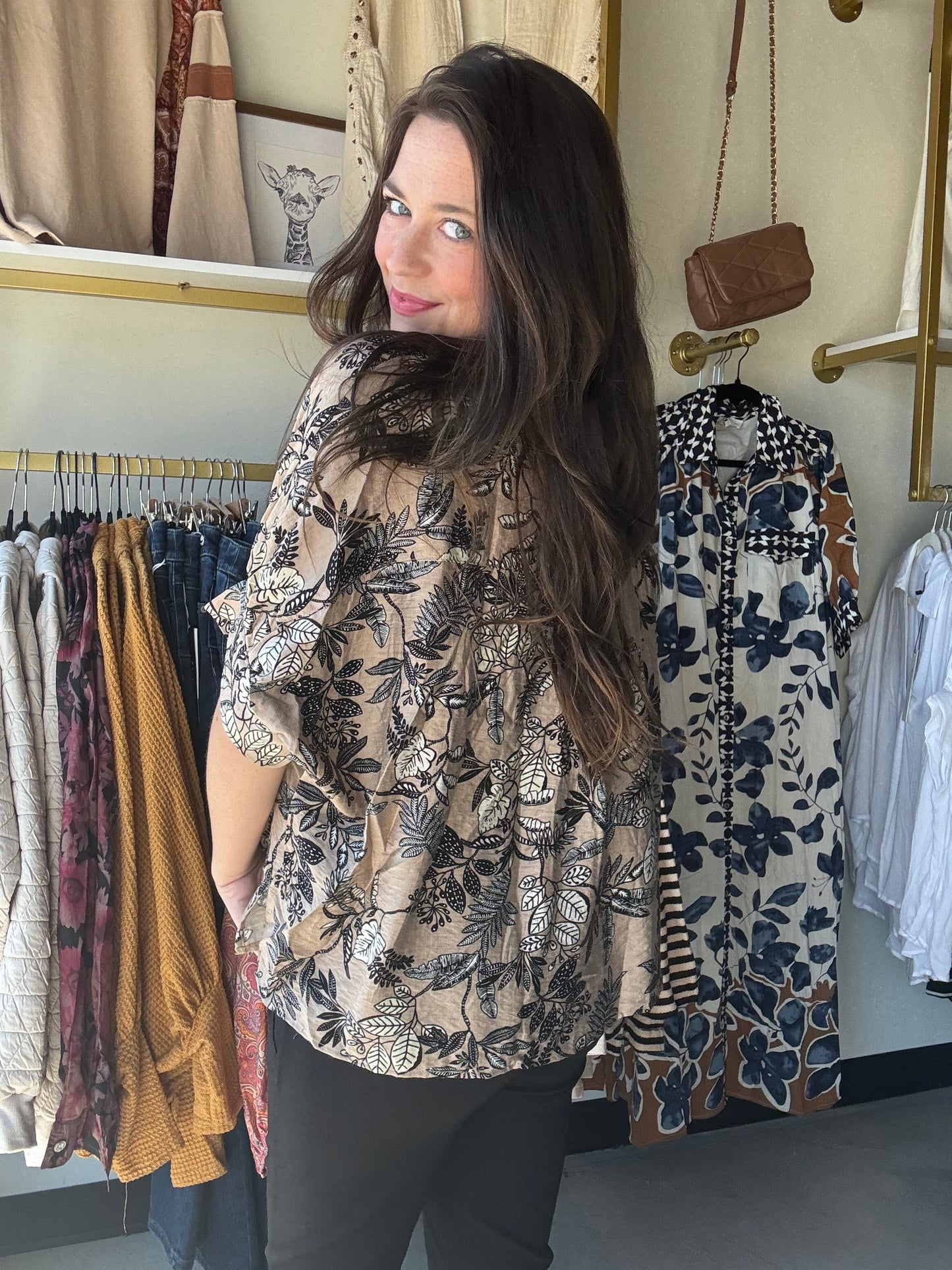 Taupe Foliage Motif Blouse