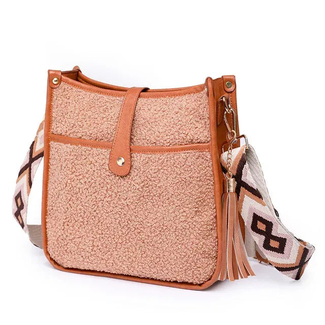 Faux Leather and Sherpa Crossbody- Camel