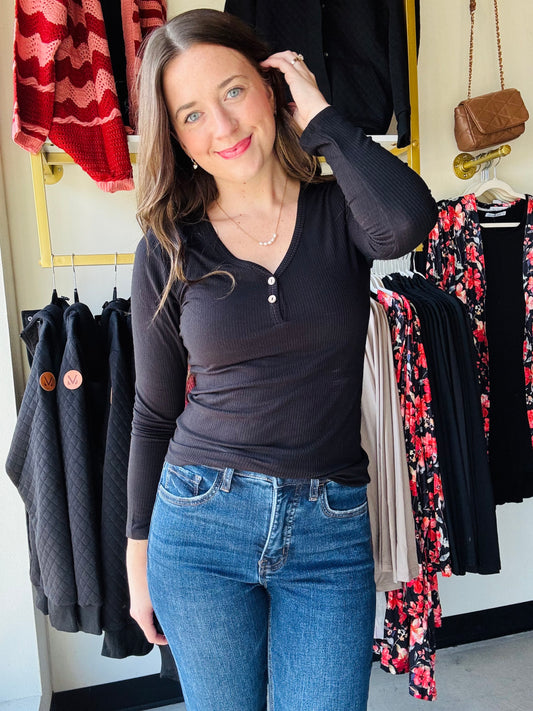 Black Button V Neck