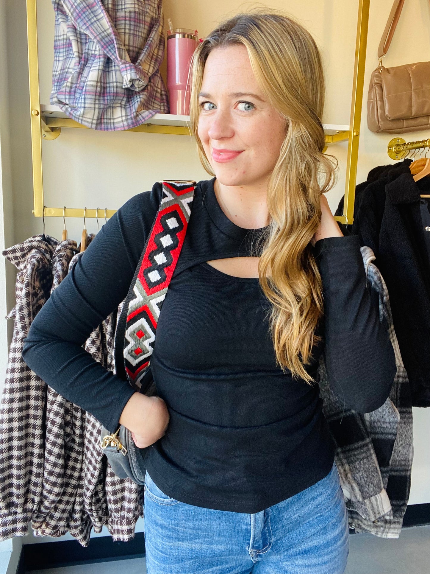 Black Ribbed Peekaboo Cutout Top