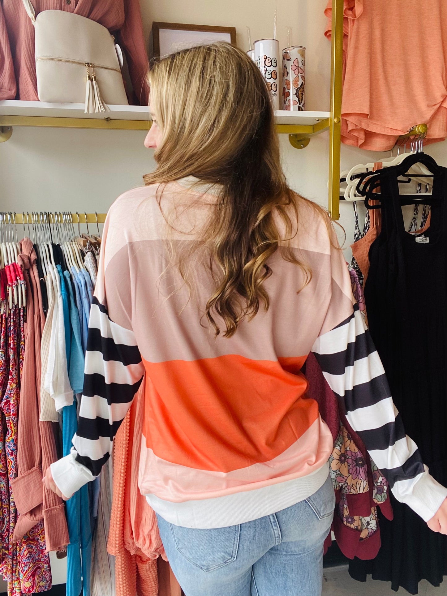 Orange Striped Sleeve V Neck