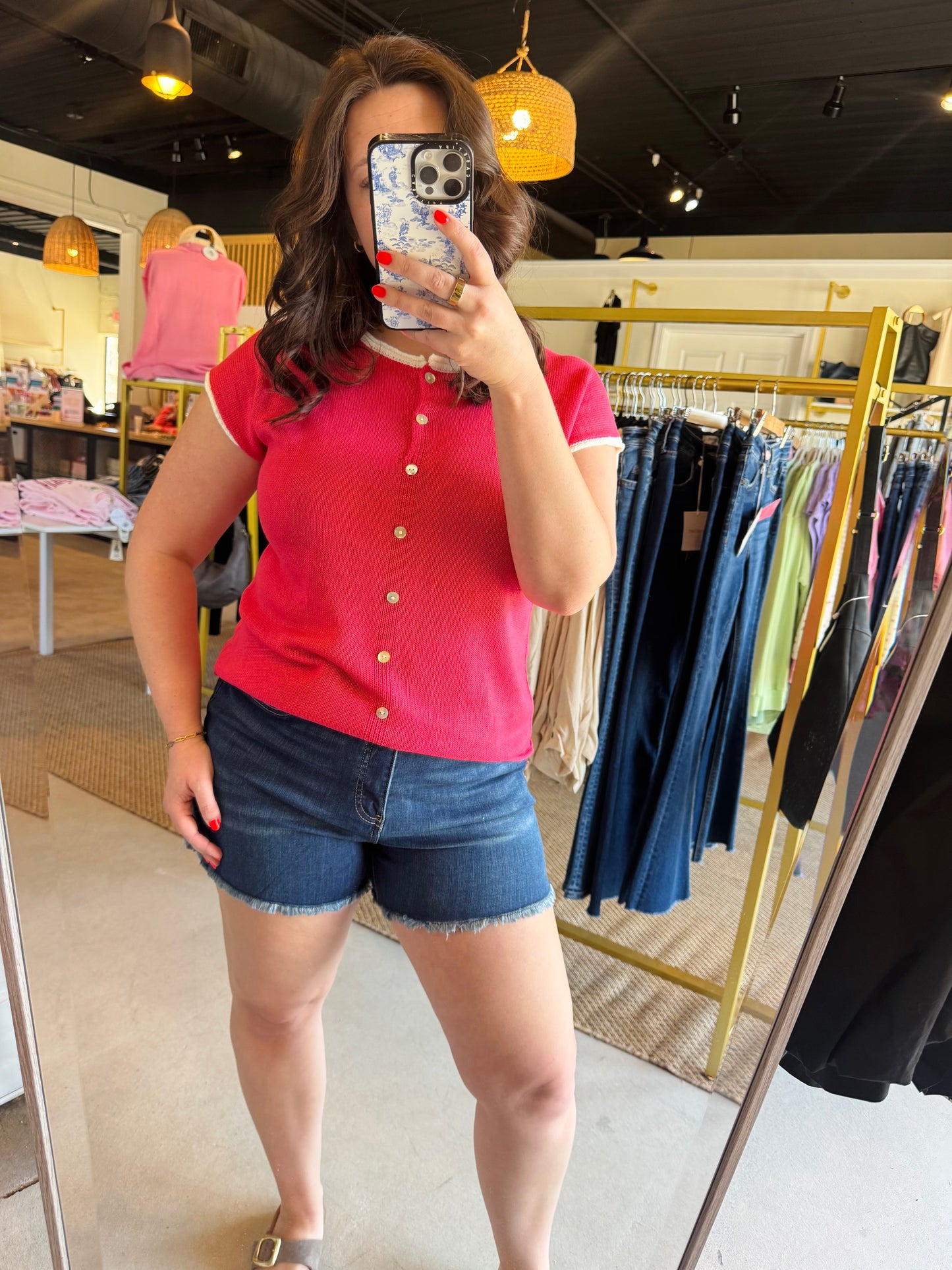 Red Button Front Short Sleeve Sweater
